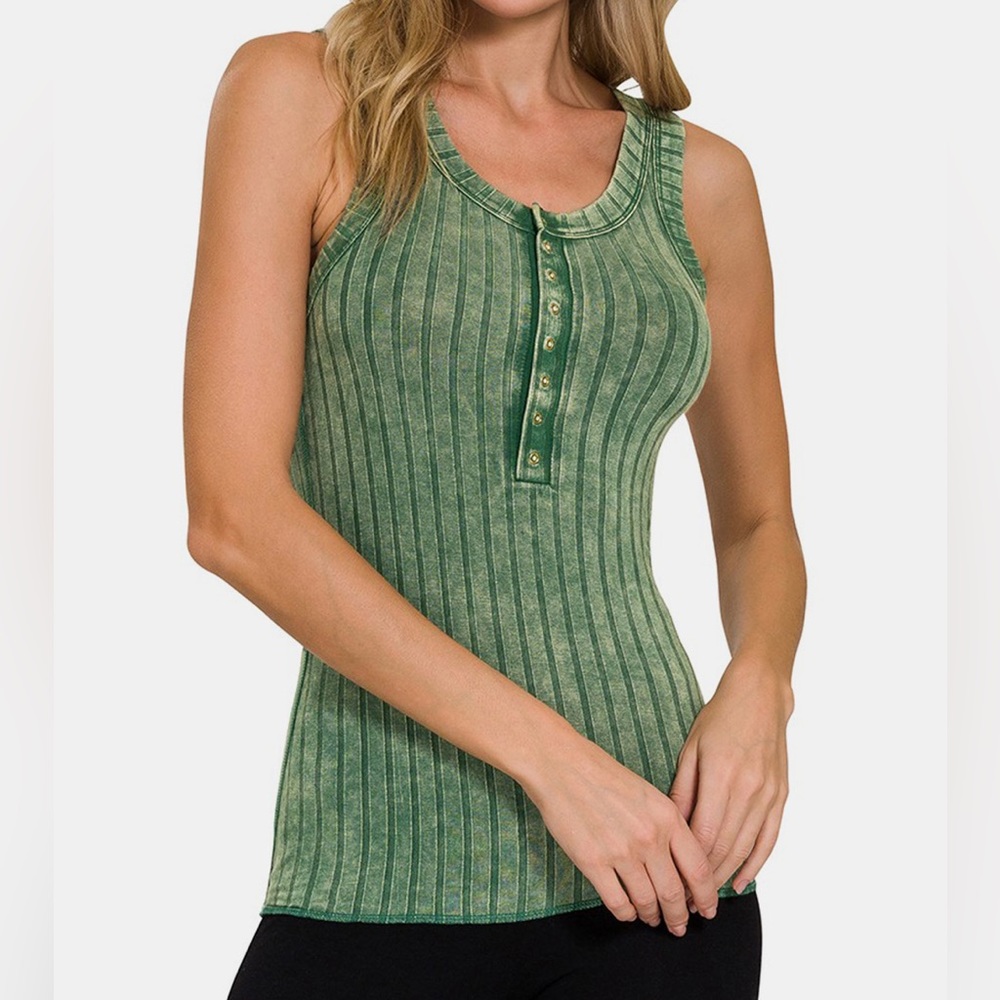 NEW Zenana Gaia Dark Green Acid Washed Ribbed Half Snap Henley Tank Top - Picture 2 of 3